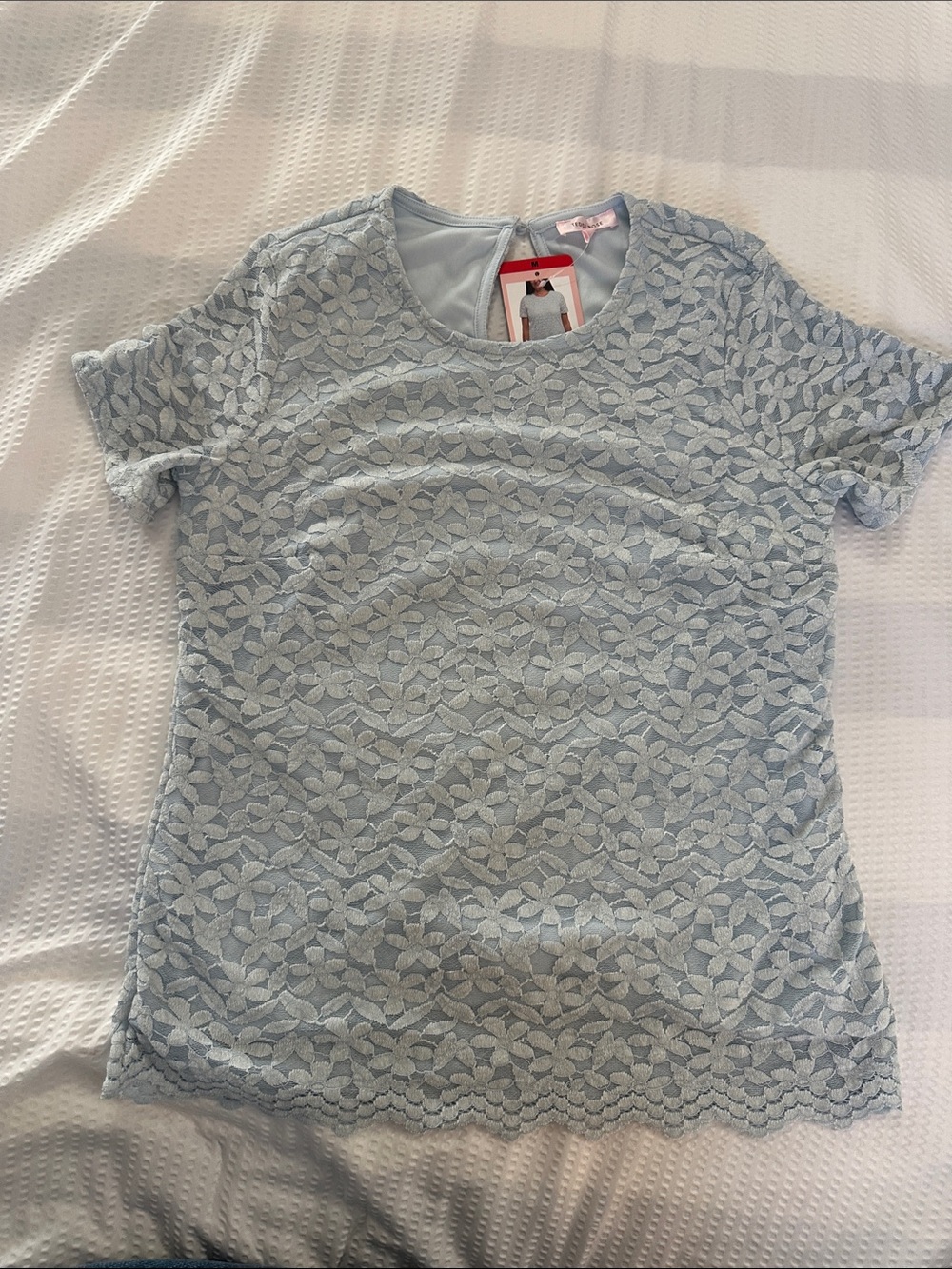 Light Blue Floral Lace Short Sleeve Tee - Women's